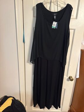 Alex Evenings Black Layered Chiffon Maxi Dress with Beaded Neck